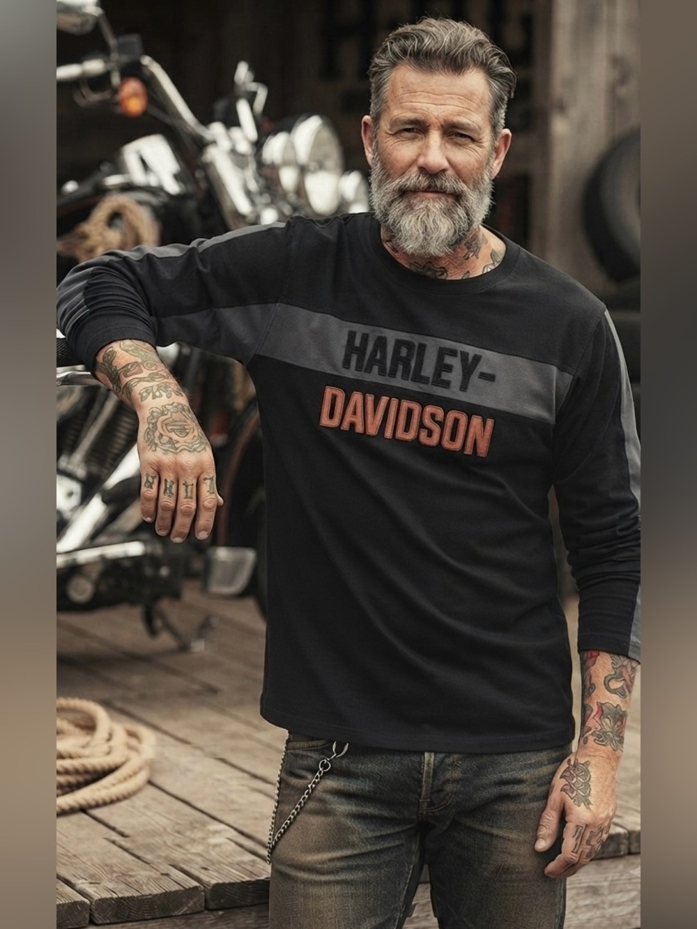 Harley-Davidson Black Long Sleeve Shirt with Gray Panels and Orange Logo